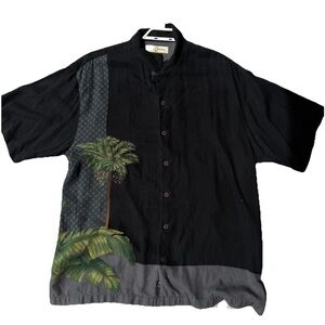 Tommy Bahama Polo Shirt Men's L Black/Green Palm Tree Hawaiian Short Sleeve Silk